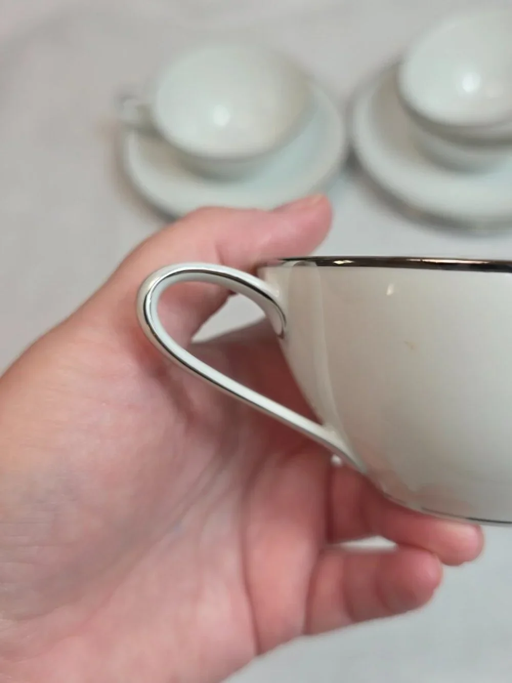 FOUR Noritake Colony Cup & Saucer Sets White Coupe Shape Platinum Trim